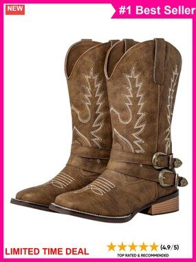 Extra Wide Calf Western Cowgirl Booties Square Toe PU Leather
